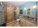 Modern bathroom featuring a glass-enclosed walk-in shower, stone tile flooring, and attractive vanity at 2457 N Centerline Rd, Franklin, IN 46131