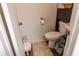 Small half bathroom with toilet, sink, vanity, neutral color scheme, and decorative rug at 2620 13Th St, Columbus, IN 47201