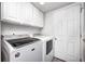 Bright laundry area with white cabinetry and modern, front-loading Maytag washer and dryer at 852 Yellowwood Dr, Greenwood, IN 46143