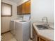 Laundry room with sink, counter, tiled backsplash, cabinets and a washer and dryer at 9133 Log Run N Dr, Indianapolis, IN 46234