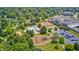 Aerial view of a community featuring a pool, tennis courts, playground, and parking, all nestled in a wooded setting at 10717 Windermere Blvd, Fishers, IN 46037