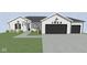 Charming exterior elevation featuring black garage doors and a well-manicured lawn at 1120 Terrace Lake Rd, Columbus, IN 47201