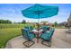 Covered patio area with outdoor dining table and seating in a manicured backyard at 1143 Hampton Dr, Greenwood, IN 46143