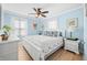 Serene bedroom featuring a white bed, light blue walls, and coordinated decor at 188 Maple Ln, Franklin, IN 46131