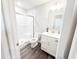 Bathroom featuring a glass enclosed shower, a toilet, and vanity with gray vinyl flooring at 2358 S Stonehill Way, New Palestine, IN 46163
