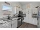 Well-lit kitchen boasts white cabinets, stainless steel appliances, and stylish backsplash at 4605 Clairmont Dr, Columbus, IN 47203