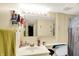 Bathroom with a white vanity, mirror, cabinet and walk-in shower with a blue curtain at 8121 Bromley Pl, Indianapolis, IN 46219
