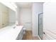 A well-lit bathroom features a vanity, toilet, and enclosed shower, offering a clean and functional space at 12820 Gloria Dr, Fishers, IN 46037