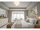 Stylized main bedroom boasts ample natural light, a neutral color palette, and a peaceful ambiance at 1590 Birchfield Dr, Westfield, IN 46074