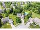 Aerial view of the home in a neighborhood surrounded by mature trees and greenery with a swimming pool at 3823 Vanguard Cir, Carmel, IN 46032