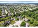 Aerial view of a residential neighborhood with mature trees and lush greenery and a community swimming pool at 3823 Vanguard Cir, Carmel, IN 46032
