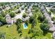 An aerial view captures the expansive backyard with a refreshing pool nestled among mature trees at 3823 Vanguard Cir, Carmel, IN 46032