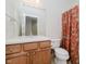 Bright bathroom features a wood vanity, large mirror, toilet, and a shower-tub combination with floral curtain at 4617 S Cobblestone Dr, Zionsville, IN 46077