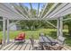Outdoor patio area featuring a dining table set under a pergola overlooking the backyard at 6601 Valley Forge Ct, Indianapolis, IN 46237