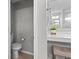 Bathroom featuring toilet and part of a vanity with mirror, plant and stool at 11809 Redpoll Trl, Noblesville, IN 46060