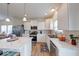 Bright kitchen features stainless steel appliances, marble countertops, and an island with pendant lighting at 59 Manchester Dr, Trafalgar, IN 46181