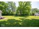 Expansive backyard with lush green grass, mature trees providing ample shade, and a trampoline at 640 Shady Creek Ct, Greenwood, IN 46142