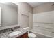 Bathroom featuring a vanity, mirror, countertop, toilet, and shower/tub combo at 8030 Cork Bend Ln, Indianapolis, IN 46239