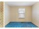 Classic bedroom featuring blue carpet, patterned wallpaper, and a window with blinds at 861 Westbrook Dr, Mooresville, IN 46158