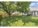 Fenced backyard with mature trees, a hammock, green grass, and a wood deck at 10215 Lauren Pass, Fishers, IN 46037