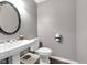 Stylish half bathroom with pedestal sink, modern fixtures, and neutral gray wall color at 10215 Lauren Pass, Fishers, IN 46037