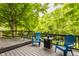 The back deck features a table, chairs, and is surrounded by a lush green backyard at 10380 Sand Creek Blvd, Fishers, IN 46037
