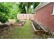 Backyard garden with raised beds for growing vegetables, adjacent to a brick house and a wooden fence at 11522 Newport Dr, Indianapolis, IN 46236