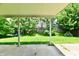 View of a lush backyard with a swing set, covered patio area, and mature trees at 1252 Jasmine Dr, Greenfield, IN 46140