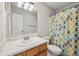 Bathroom featuring vanity, mirror, toilet and a shower with a colorful patterned curtain at 12848 Patrick Ct, Fishers, IN 46038