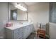 Elegant bathroom with gray vanity, white countertop, and a large framed mirror at 16209 Natures Way, Westfield, IN 46074
