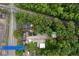 Aerial view of a wooded residential property with defined approximate boundary lines near a road and railroad tracks at 1631 S Post Rd, Indianapolis, IN 46239