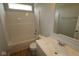 Bathroom featuring a shower-tub combo and a white vanity with quartz countertops at 3824 Dutton Dr, Bargersville, IN 46106