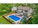 Aerial view of a backyard oasis with a sparkling pool, patio area, and a well-maintained wooden fence at 12043 Searay Dr, Indianapolis, IN 46236
