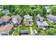 Aerial view of a backyard and deck, surrounded by green grass and beautiful landscaping at 1338 N Parker Ave, Indianapolis, IN 46201