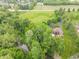 Stunning aerial view of a luxury home, showcasing its private pool, landscaping, and serene wooded surroundings at 1497 N 200 W, Greenfield, IN 46140