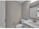 Clean powder room with a white toilet, gray vanity, light countertop, and neutral colored walls at 15359 Manning Way, Westfield, IN 46074