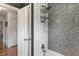 Bathroom with a mosaic tile shower and white shiplap walls at 4350 Sylvan Rd, Indianapolis, IN 46228