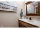 Powder room featuring dark wood cabinetry and marble countertops at 5194 Orahood Ct, Plainfield, IN 46168