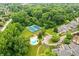 Aerial view of a community pool, tennis court, and surrounding lush landscape at 7414 Harbour, Indianapolis, IN 46240