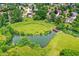 Breathtaking aerial view of a community with green spaces, river, and a charming bridge at 7720 Langwood Dr, Indianapolis, IN 46268