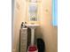 Compact half-bathroom featuring pedestal sink and large vanity mirror at 7906 States Bend Ln, Indianapolis, IN 46239