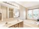 Well-lit bathroom featuring a double vanity, separate shower, and a soaking tub by the window at 9740 Logan Ln, Fishers, IN 46037