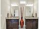 A bathroom features granite counters, dual sinks, modern lighting, and a large mirror at 1457 Birdsong Dr, Westfield, IN 46074