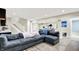 Spacious basement with a gray sectional sofa, bar area, and a rec space with fitness equipment at 2715 Benmore Ct, Zionsville, IN 46077