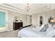 Bright bedroom features a tray ceiling, modern light fixture and dark wood dresser at 2715 Benmore Ct, Zionsville, IN 46077