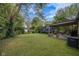 Grassy backyard with shade trees, featuring a trampoline and covered patio at 3509 N Wittfield St, Indianapolis, IN 46235