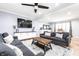 Comfortable living room features modern ceiling fan, plush couches, and stylish decor for a relaxing atmosphere at 3715 Rolling Springs Dr, Carmel, IN 46033