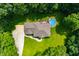 Drone overhead shot of a home featuring a backyard swimming pool, lush landscaping, and a winding driveway at 5055 Turkey Track Rd, Martinsville, IN 46151