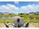 Patio featuring furniture overlooking a serene pond and backyard with clear blue sky and fluffy clouds at 6315 Emerald Field Way, Indianapolis, IN 46221