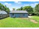 Backyard of home featuring a grassy lawn, AC unit, and blue siding at 6949 Crittenden Ave, Indianapolis, IN 46220
